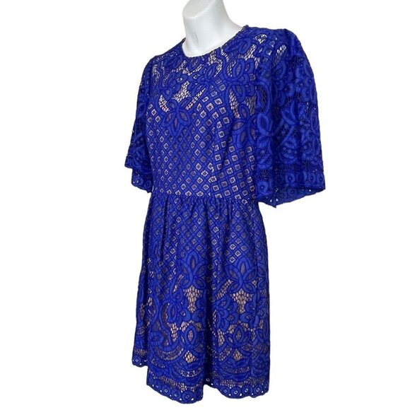 BCBGMaxazria Jillyan Larkspur Blue Lace Overlay Nude Lining Coquette Dress Sz 6 - Picture 5 of 9